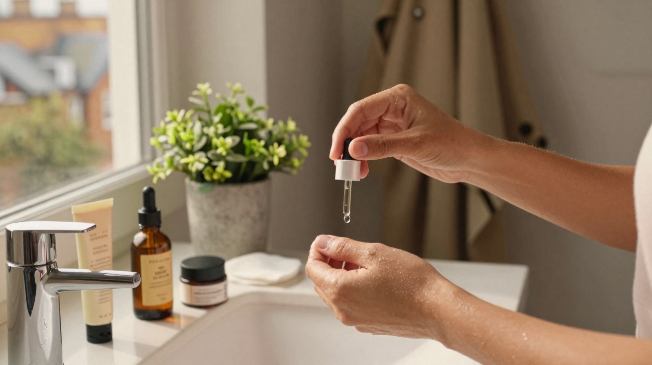Pessoa aplicando sérum facial com conta-gotas em um banheiro com produtos de skincare ao fundo.