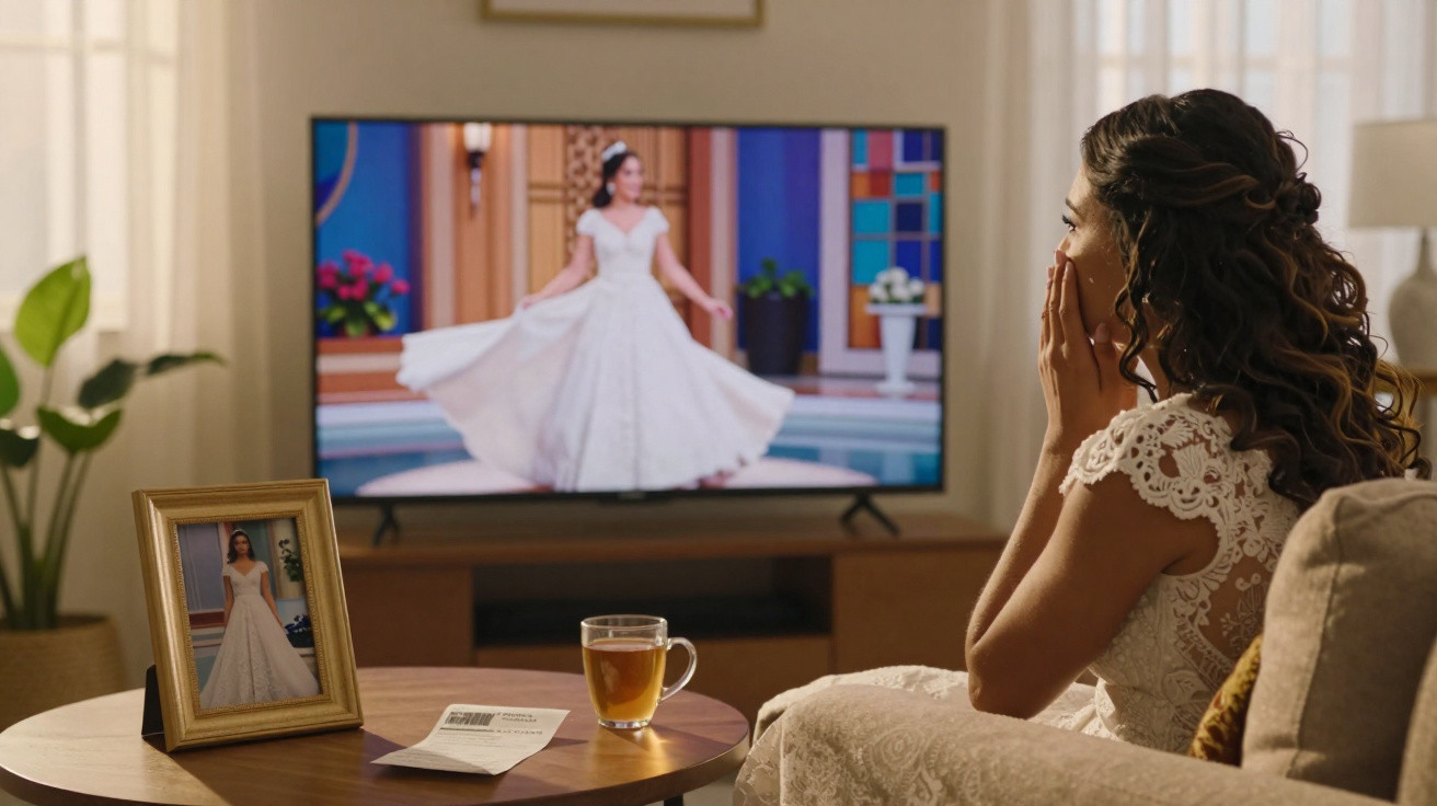 Mulher emocionada assiste vestido de noiva na TV, ao lado foto dela com o mesmo vestido sobre mesa.