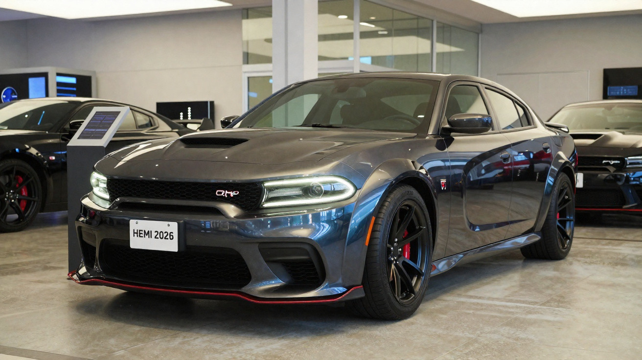 Carro esportivo cinza escuro Dodge Charger HEMI 2026 exibido em showroom moderno.