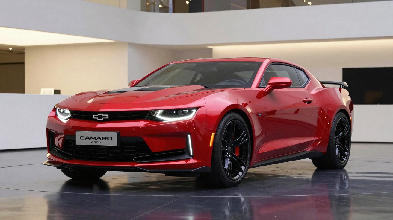 Carro esportivo Chevrolet Camaro vermelho estacionado em ambiente interno moderno.
