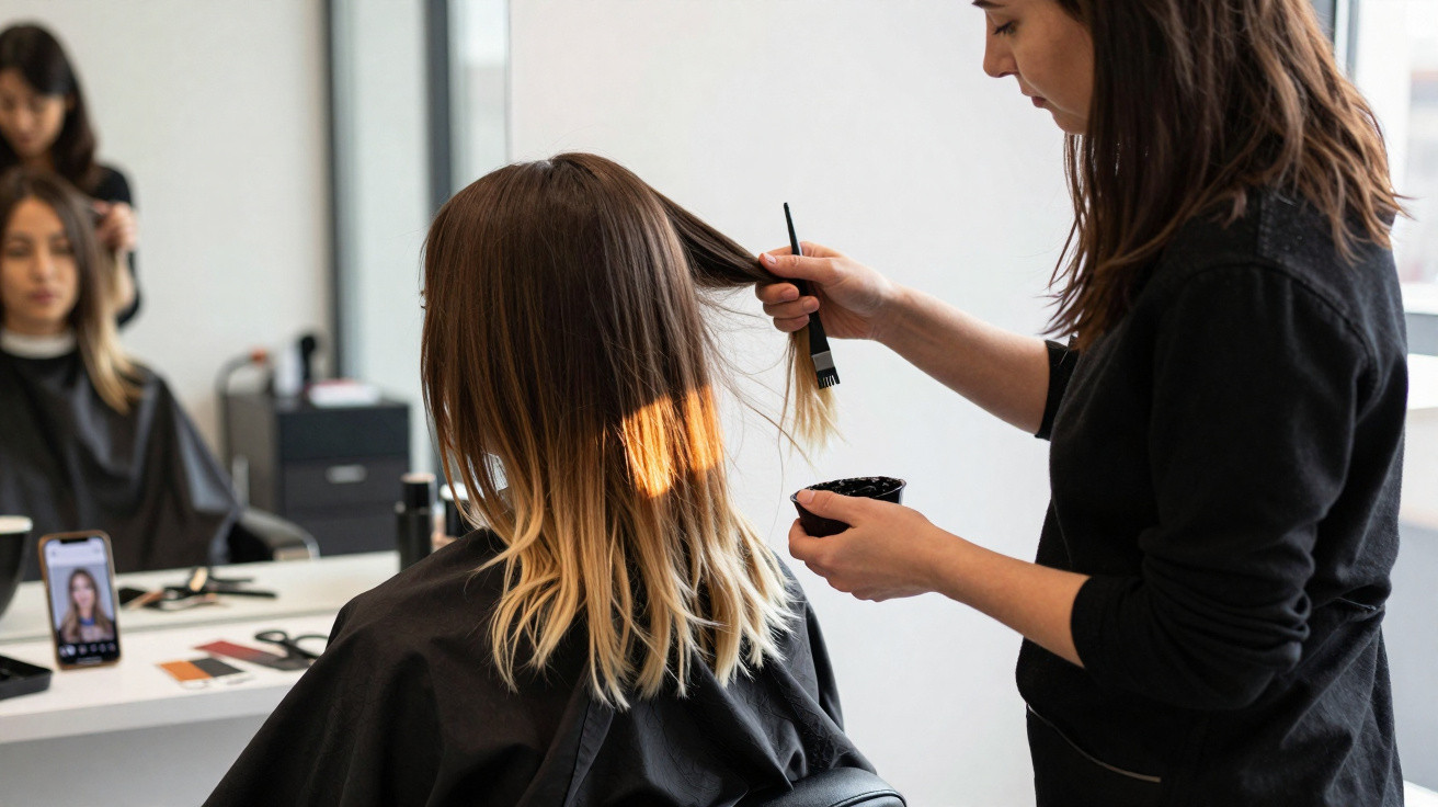 Profissional aplicando coloração em cabelo de mulher sentada em salão de beleza moderno.