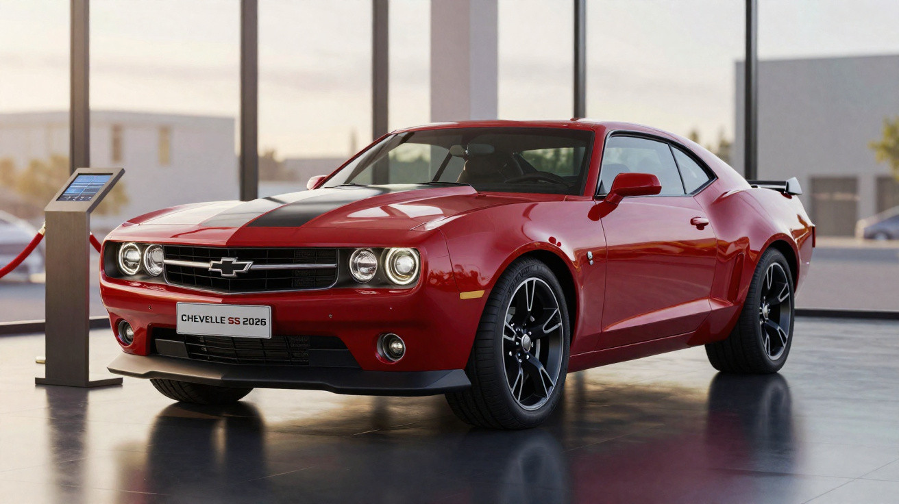 Carro esportivo vermelho Chevrolet Chevelle SS 2026 em exposição dentro de showroom moderno.