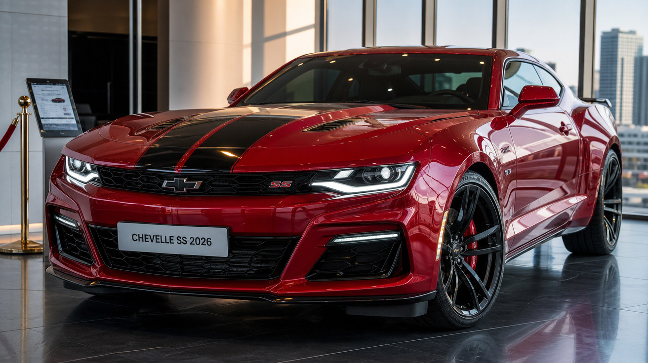 Carro esportivo vermelho Chevrolet Chevelle SS 2026 com faixa preta exposto em ambiente interno.