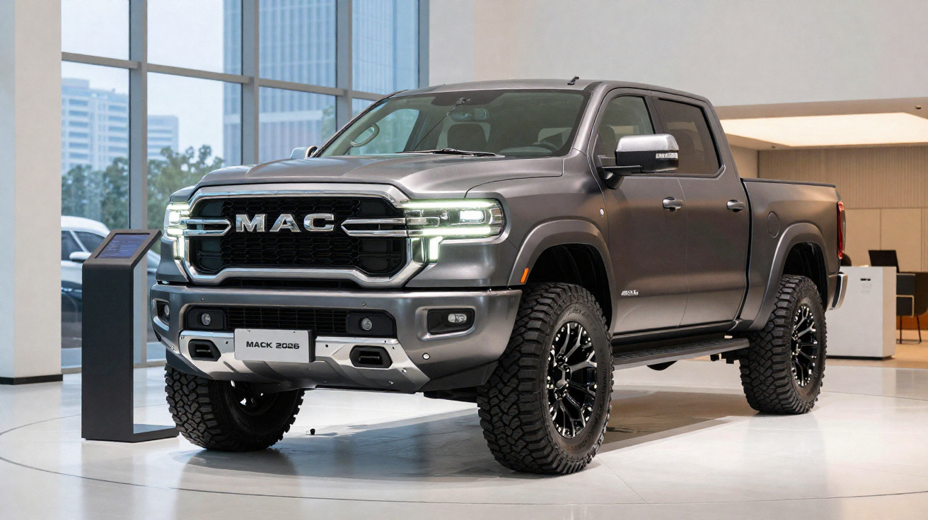 Picape preta MACK 2026 exposta em showroom moderno com grandes janelas e piso branco.