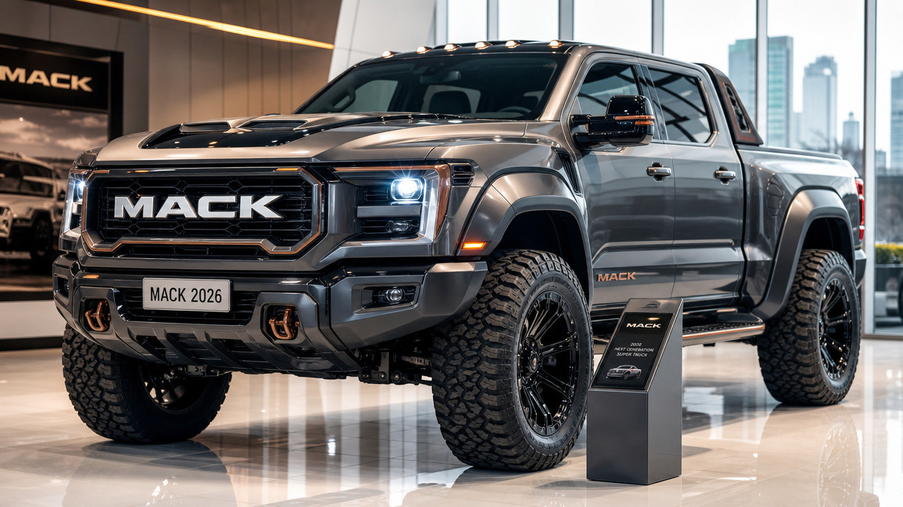 Picape preta Mack 2026 exposta em showroom com pneus robustos e faróis acesos.
