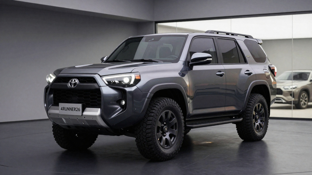 SUV Toyota 4Runner cinza estacionado em ambiente interno com grandes pneus e design robusto.