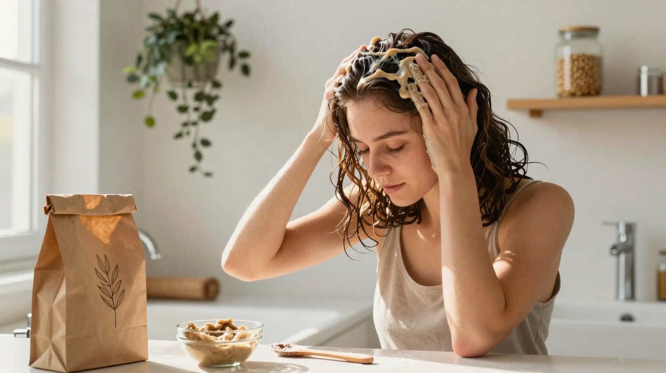 Mulher aplicando máscara facial caseira em cozinha luminosa com produtos naturais na bancada.