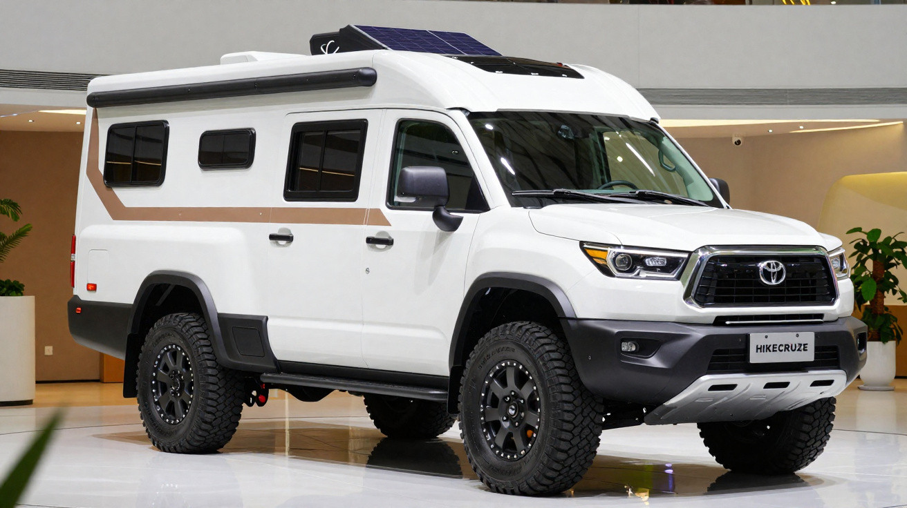 Veículo Toyota Hikecruze branco para aventura, com pneus off-road e painel solar no teto.