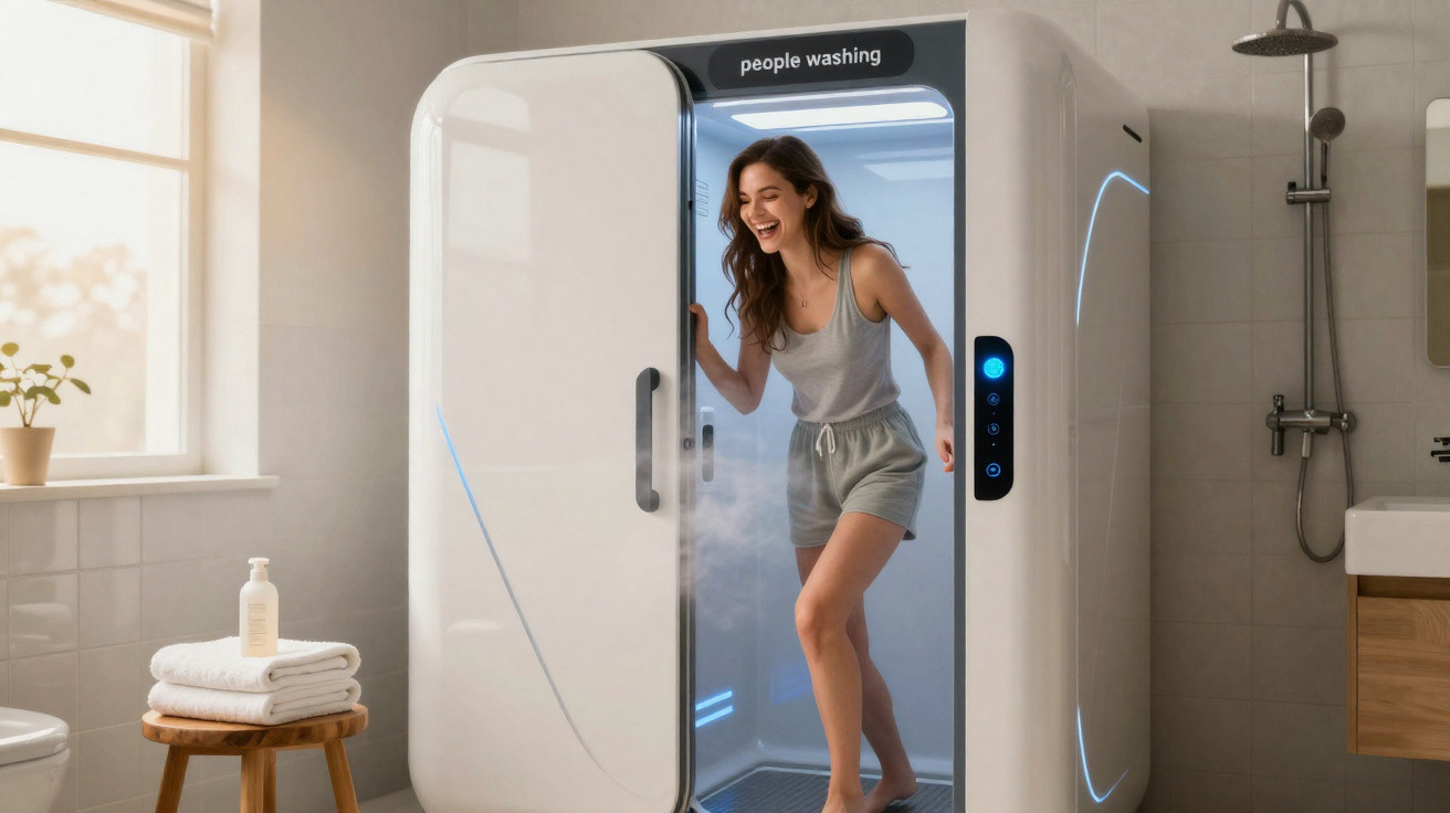 Mulher sorridente saindo de cabine futurista de desinfecção com vapor em banheiro moderno.