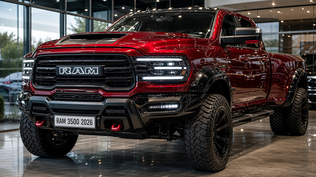 Picape RAM 3500 vermelha 2026 em showroom com pneus grandes e detalhes em preto.