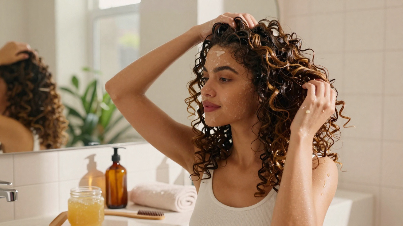 Mulher aplica creme no cabelo cacheado em banheiro iluminado com espelho e plantas ao fundo.