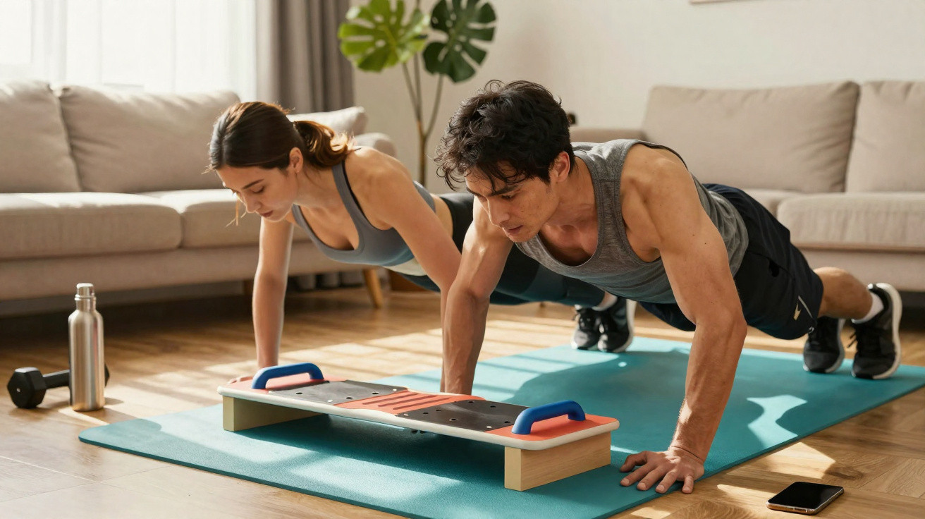 Casal jovem fazendo exercício de flexão com suporte em tapete de yoga na sala de casa.