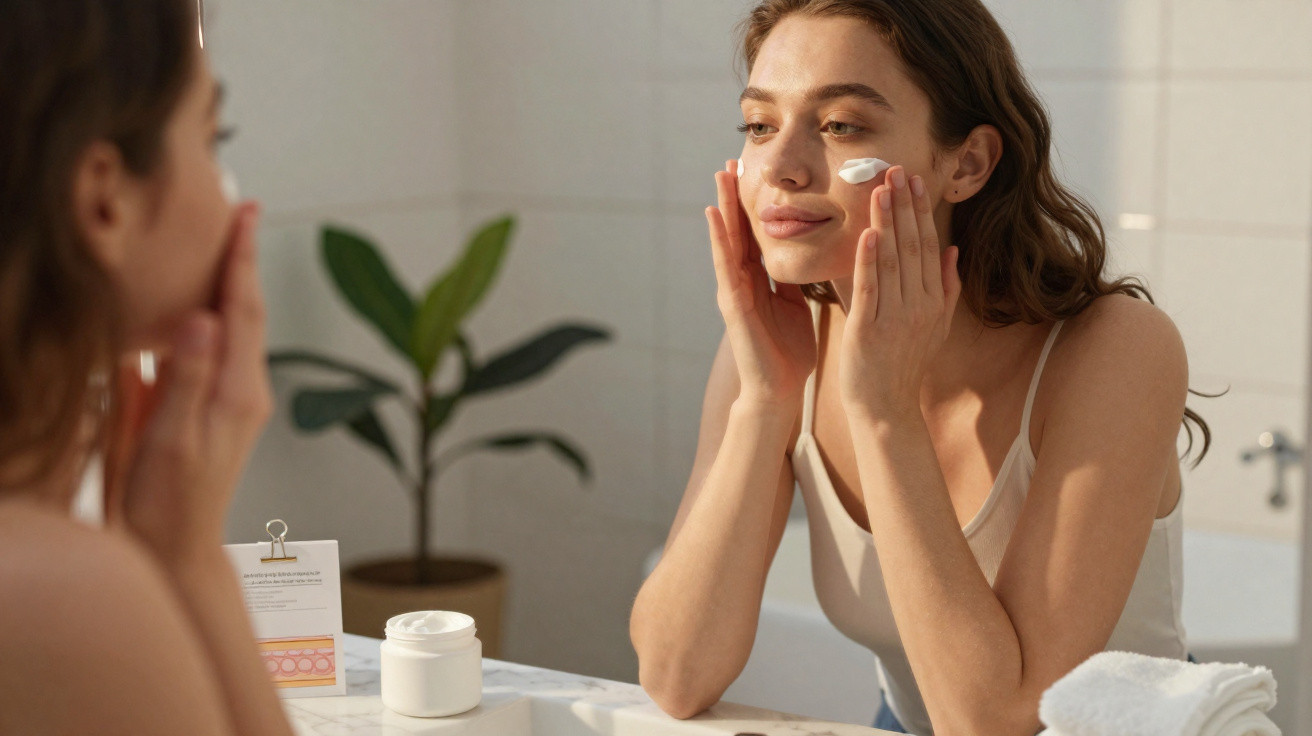 Mulher aplica creme facial olhando no espelho em banheiro iluminado, com planta ao fundo.