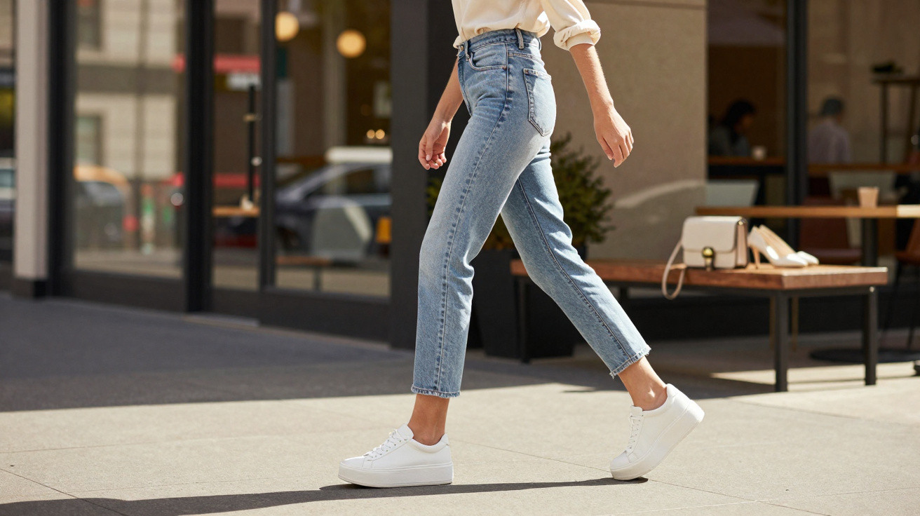 Pessoa caminhando na cidade com calça jeans azul e tênis branco, cenário urbano ao fundo.