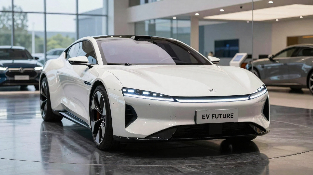Carro elétrico branco com design futurista exposto em showroom moderno e iluminado.
