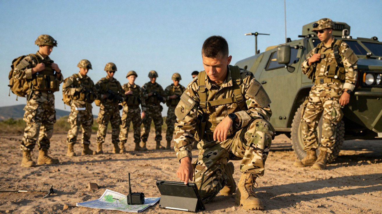 Soldados em uniforme camuflado em área desértica com equipamento tático e veículo militar ao fundo.