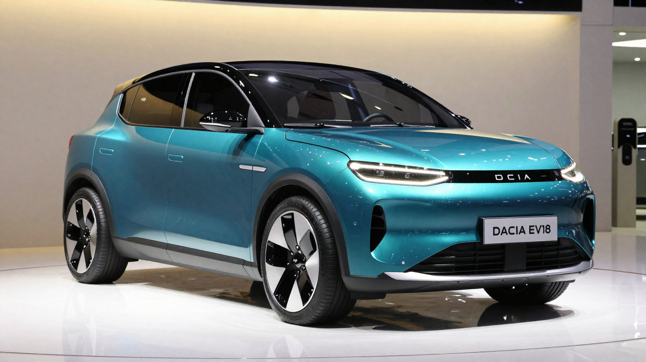 Carro elétrico Dacia EV18 azul com design moderno em exposição interna com fundo neutro.