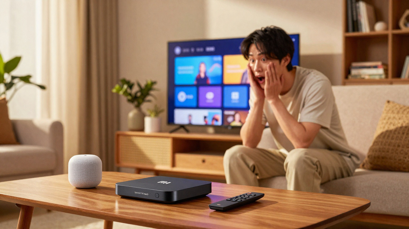 Homem surpreso assistindo televisão em sala com mesa, controle remoto e assistente virtual.