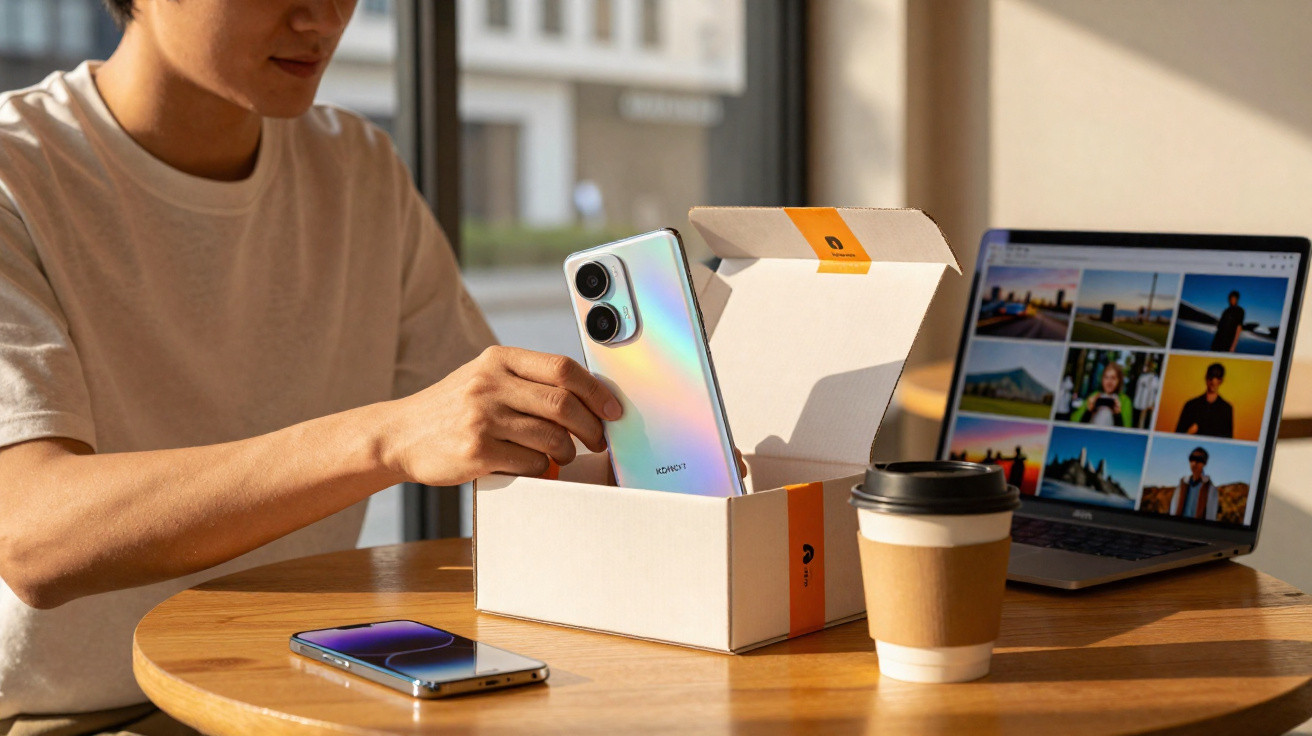 Pessoa retirando smartphone prateado holográfico de uma caixa sobre mesa com laptop e café.