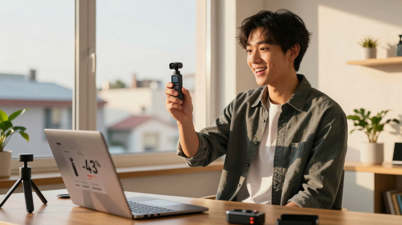 Jovem sorridente grava vídeo com câmera portátil em ambiente iluminado, sentado à mesa com laptop aberto.