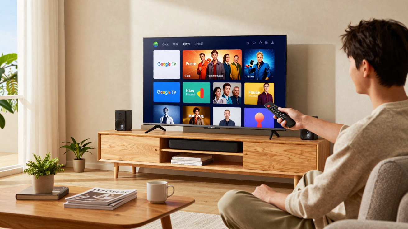 Homem sentado no sofá usando controle remoto para selecionar programas na smart TV da sala.