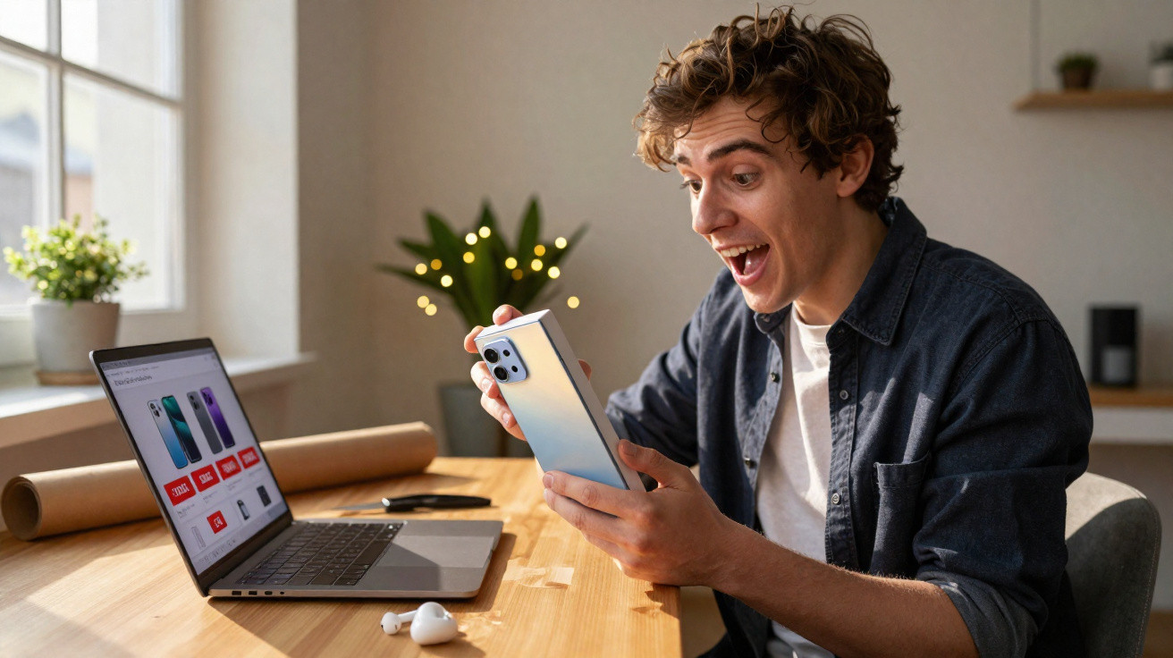 Jovem animado segurando um smartphone novo em mãos, sentado à mesa com laptop aberto mostrando site de vendas.