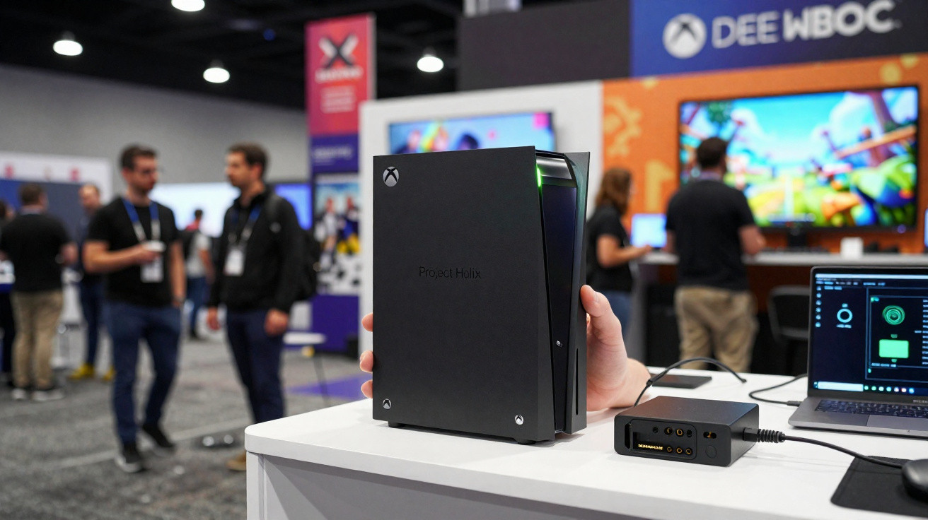Console Xbox Series X Project Helix em exposição em mesa branca, com pessoas e telas ao fundo.