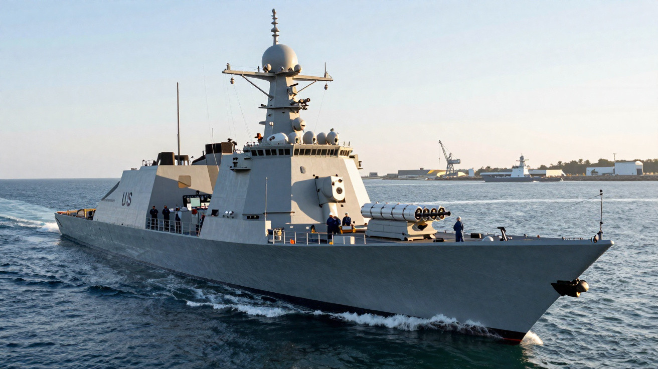 Navio de guerra militar navegando no mar próximo a um porto industrial ao entardecer.