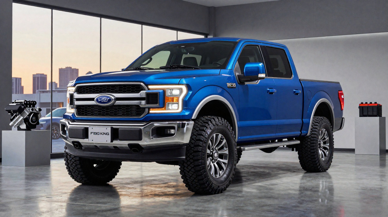 Picape Ford F-150 King azul em showroom moderno com piso de cimento polido.