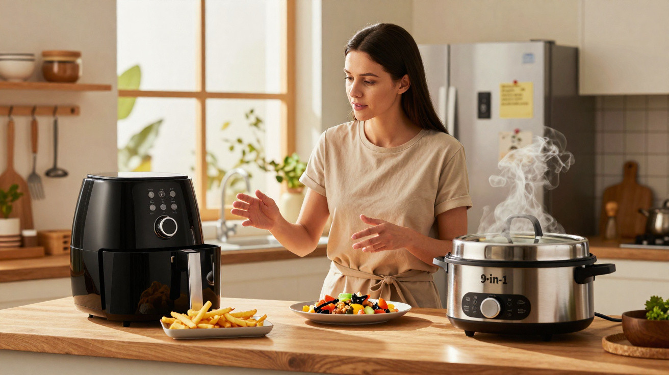 Mulher na cozinha preparando comida com airfryer e panela elétrica, com batatas fritas e prato de alimentos.