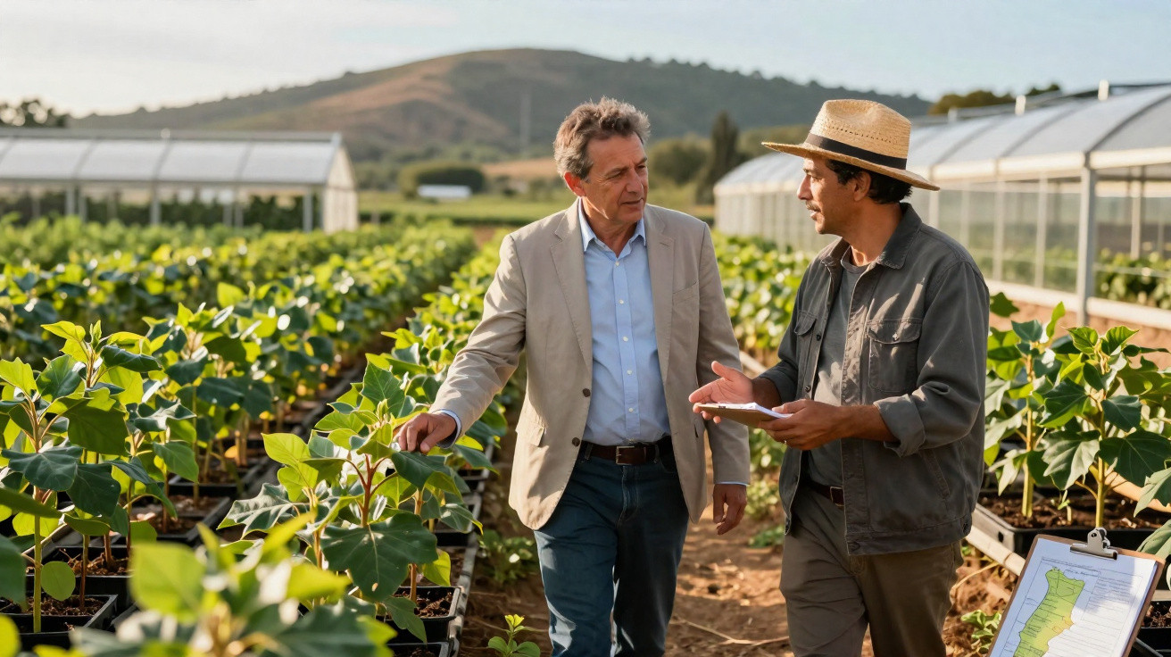 Dois homens conversando em estufa agrícola entre plantas jovens, com prancheta ao lado.