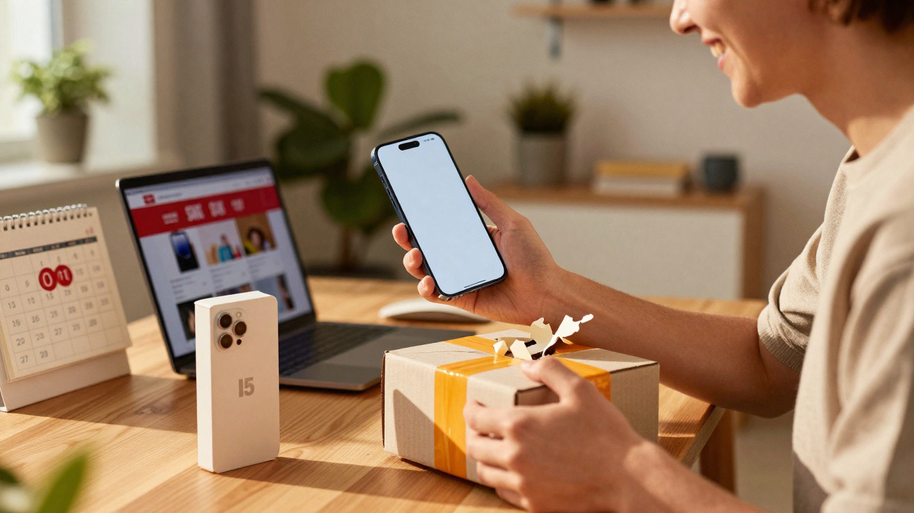 Pessoa segurando smartphone com tela branca e caixa de presente em cima de mesa com laptop e calendário.