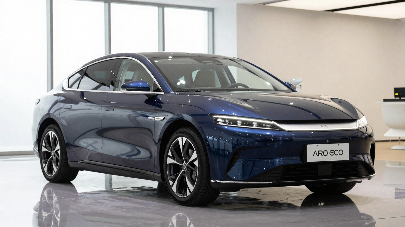 Carro elétrico Aro Eco azul escuro em showroom com piso refletivo e luz natural.