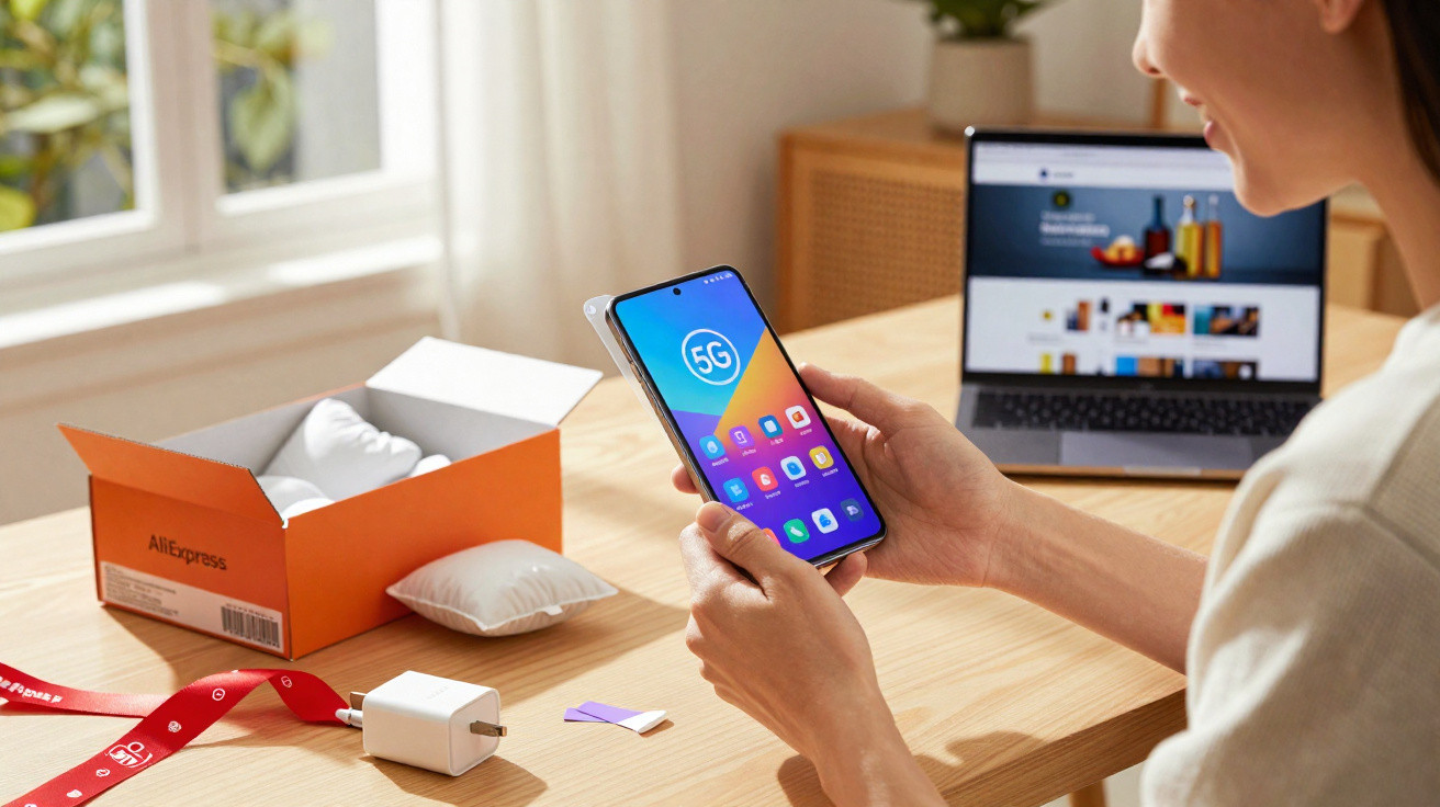 Pessoa segurando smartphone novo com tecnologia 5G ao lado de caixa aberta e carregador sobre mesa clara.