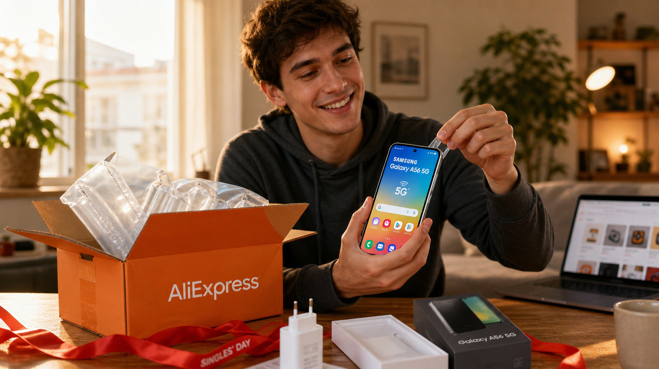 Jovem sorrindo segurando smartphone Samsung Galaxy A56 5G recém adquirido de caixa AliExpress.
