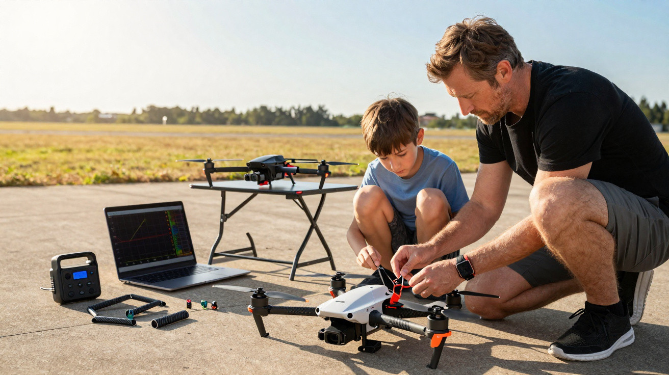 Homem e menino preparam drone no chão de pista aberta com laptop e acessórios ao redor.