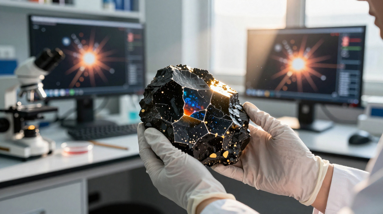 Mãos com luvas seguram fragmento de meteorito em laboratório com microscópio e telas de computador ao fundo.