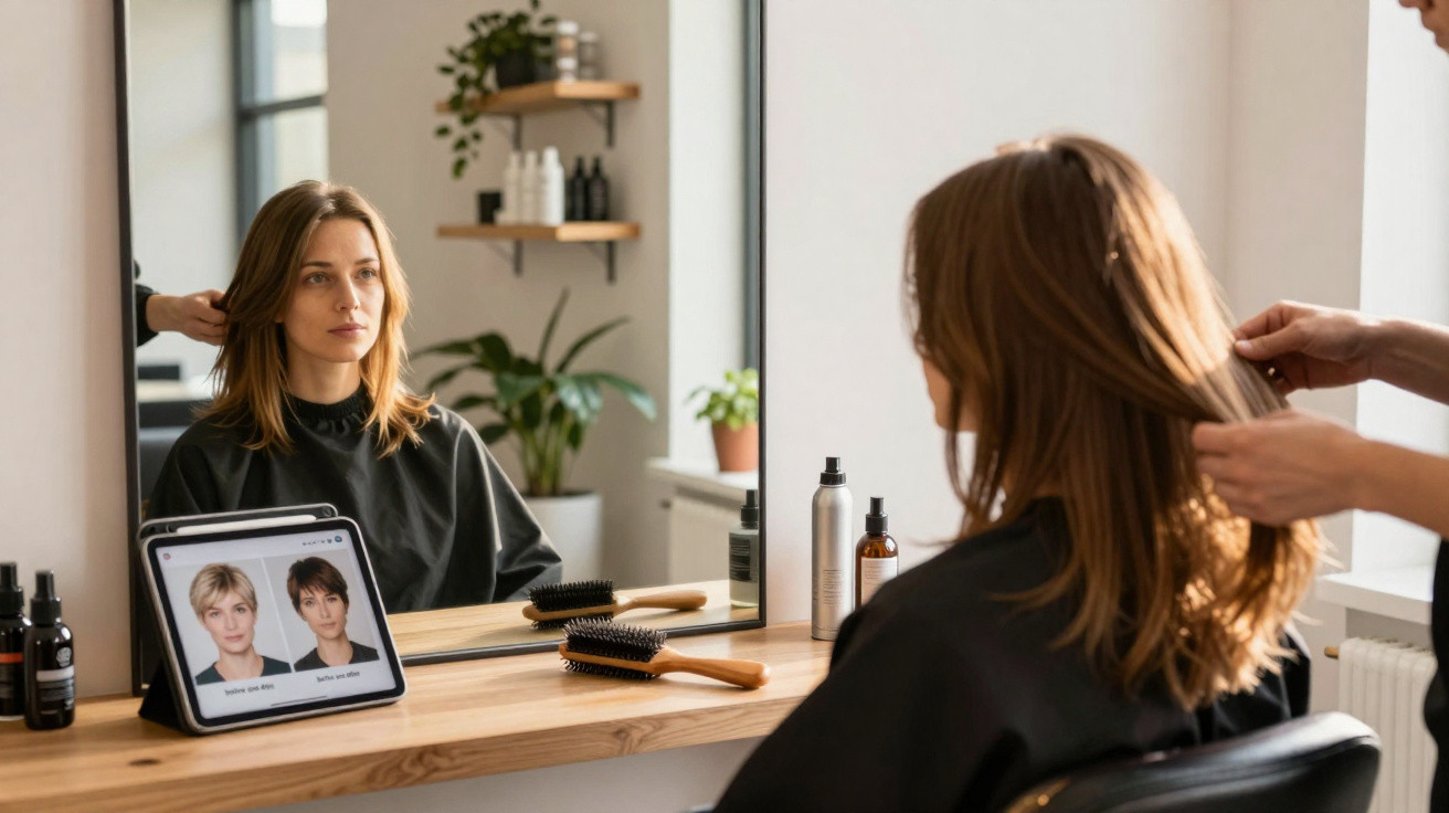 Mulher sentada em salão de beleza escolhendo corte de cabelo com ajuda de tablet e cabeleireiro.