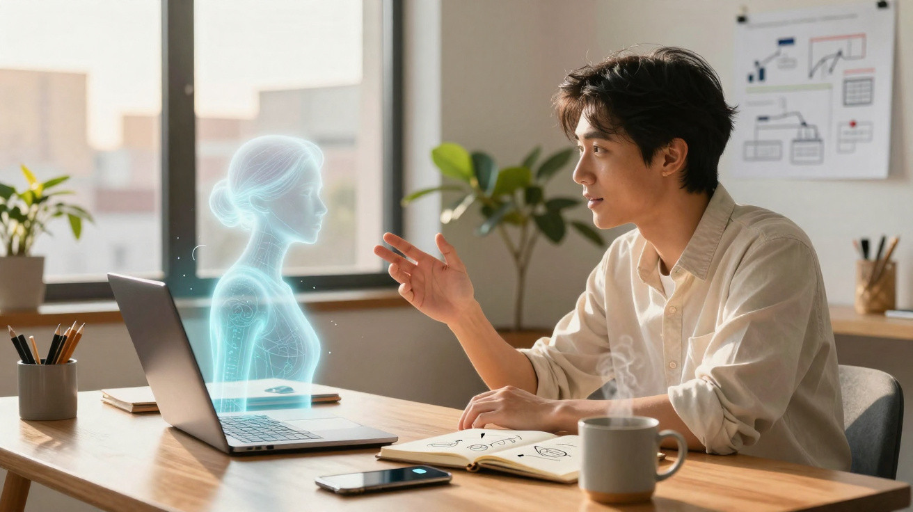 Homem em escritório interagindo com holograma feminino saindo de notebook aberto numa mesa organizada.