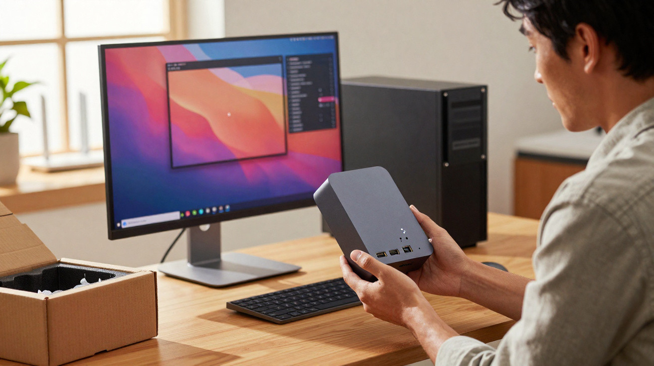 Homem sentado segurando dispositivo eletrônico próximo a monitor de computador em mesa de madeira.