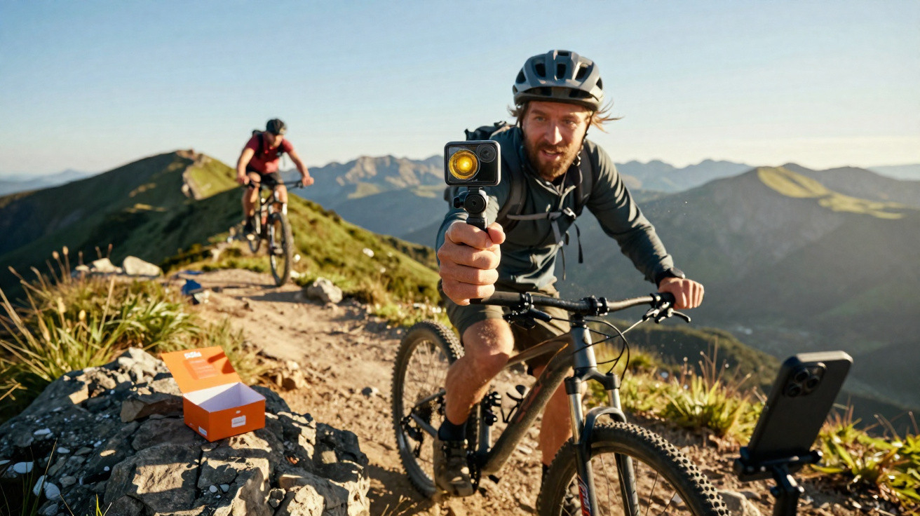 Homem de capacete grava vídeo enquanto pedala em trilha de montanha com outra pessoa ao fundo.
