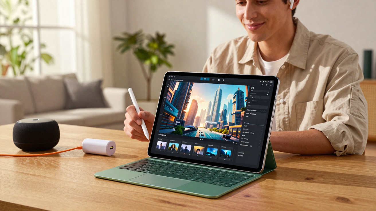 Pessoa usando tablet com teclado verde e acessório de caneta digital em ambiente interno iluminado.