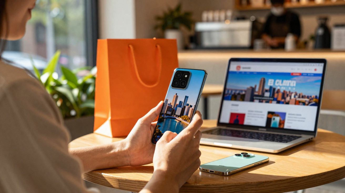 Pessoa segurando celular com imagem da cidade, mesa com laptop, celular e sacola laranja em ambiente interno.