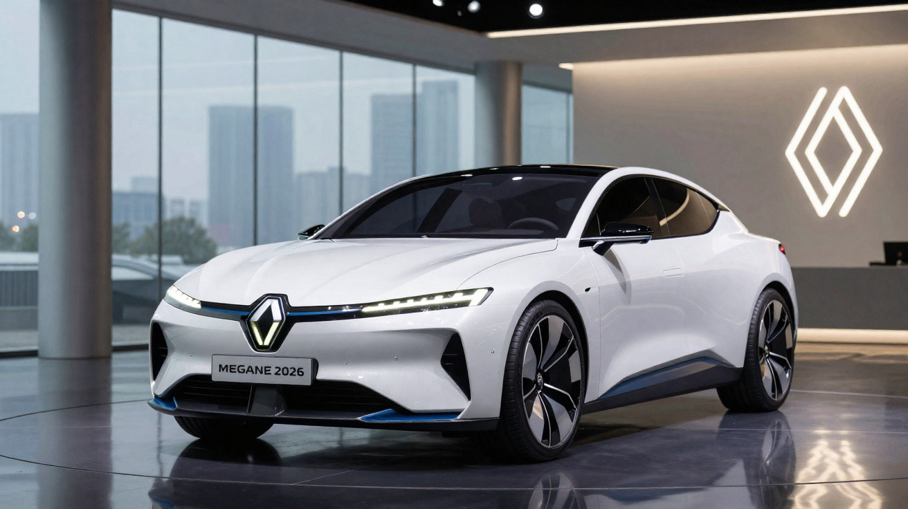 Carro elétrico branco Renault Megane 2026 em exibição em ambiente interno moderno.