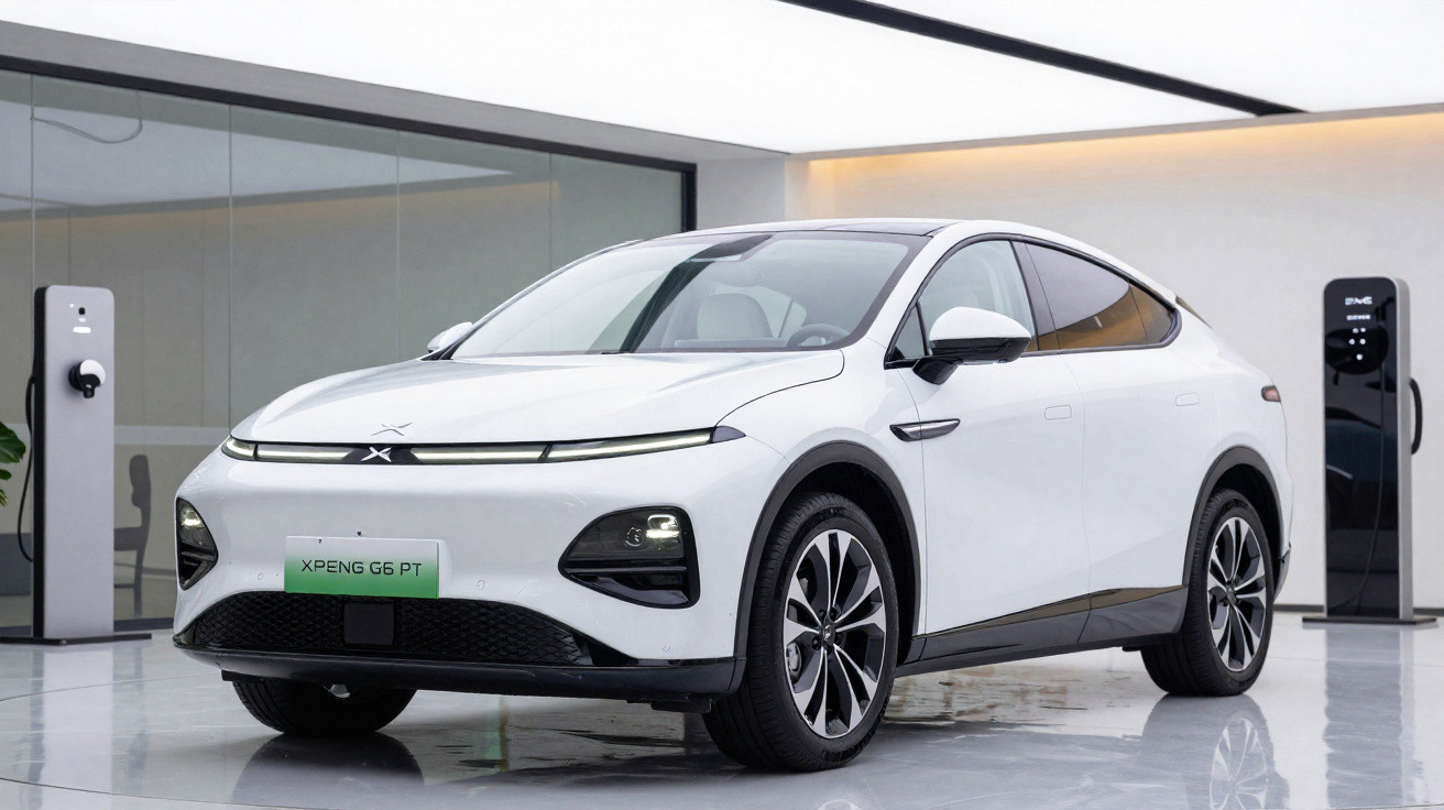 Carro elétrico branco Xpeng G6 PT estacionado em ambiente interno moderno, ao lado de estações de recarga.