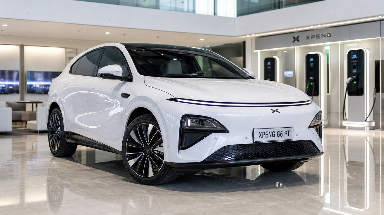 Carro elétrico branco XPeng G6 PT em showroom moderno com áreas de recarga ao fundo.