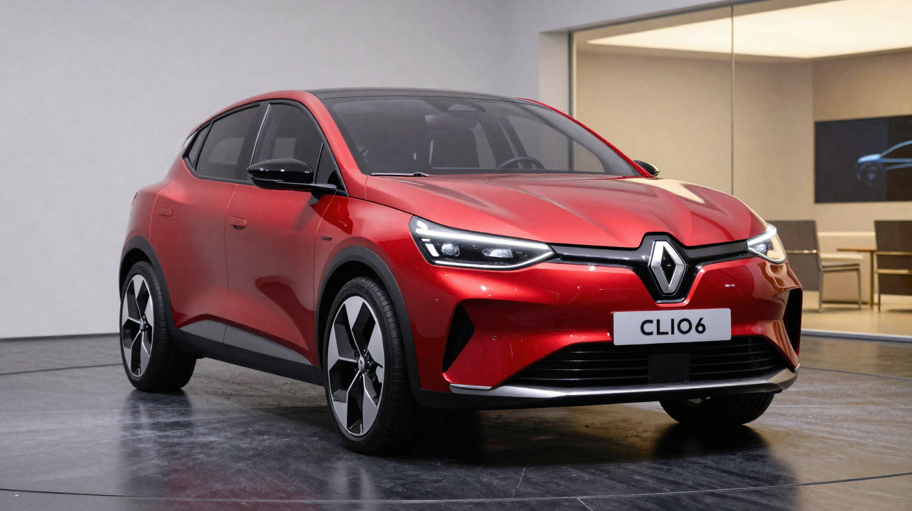 Carro vermelho Renault Clio 6 estacionado em ambiente interno moderno.
