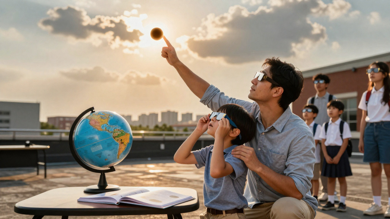 Homem e criança com óculos de eclipse observam o sol com globo terrestre e livro em mesa ao ar livre.