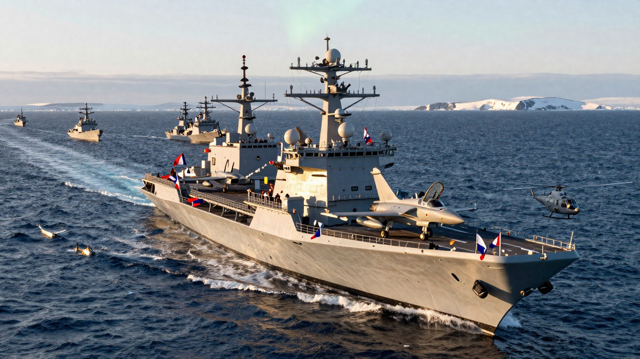 Formação de navios de guerra com helicóptero e avião em mar aberto próximo a geleiras.