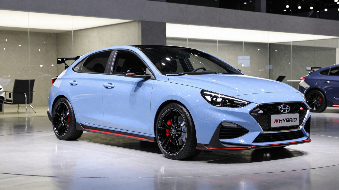 Carro híbrido Hyundai azul claro, esportivo, com rodas pretas e detalhes vermelhos, em exposição interna.